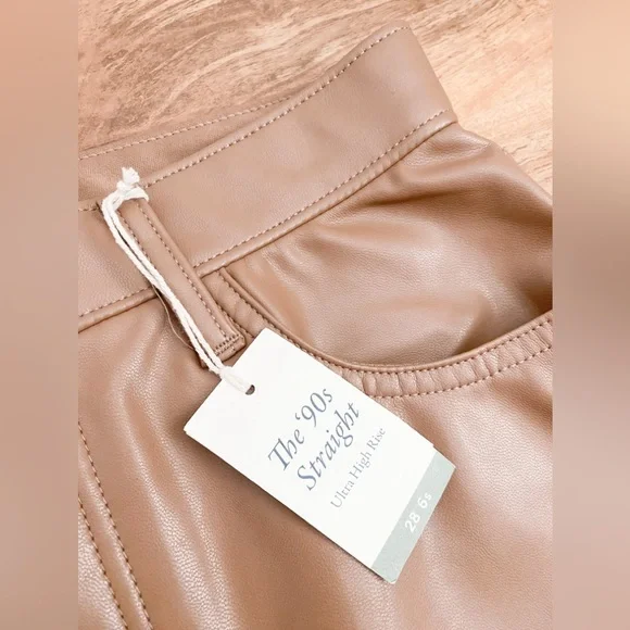 Abercrombie & Fitch 90’s Straight Ultra High Rise Tan Vegan Leather Pants 28 6S - Picture 5 of 10